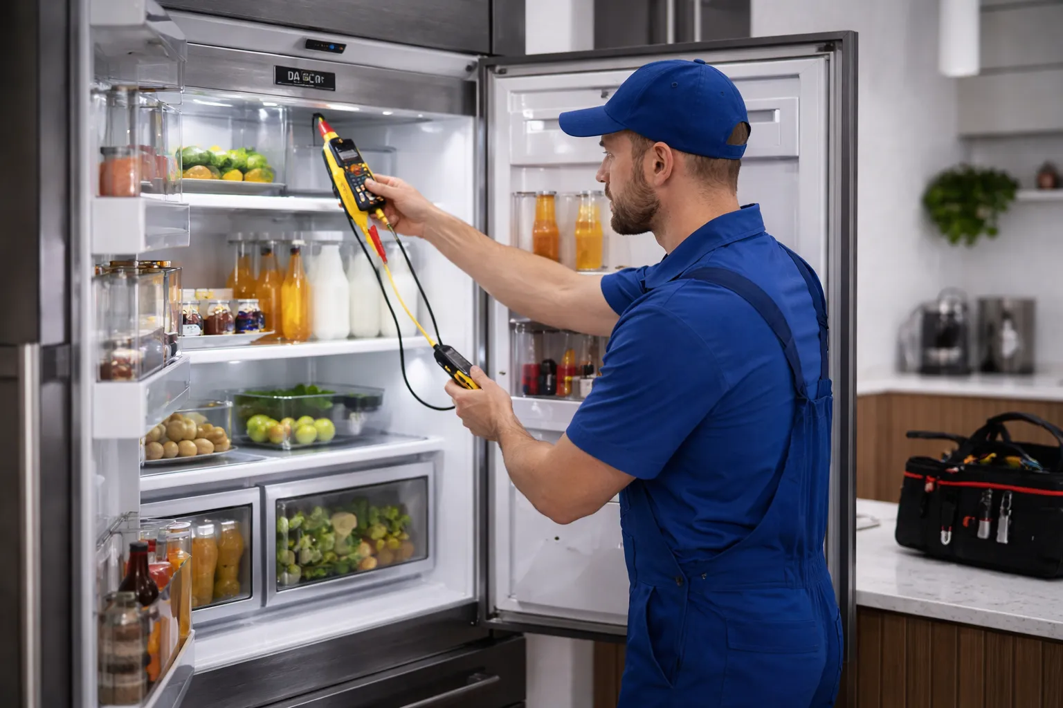 Technician making diagnostic of dacor fridge